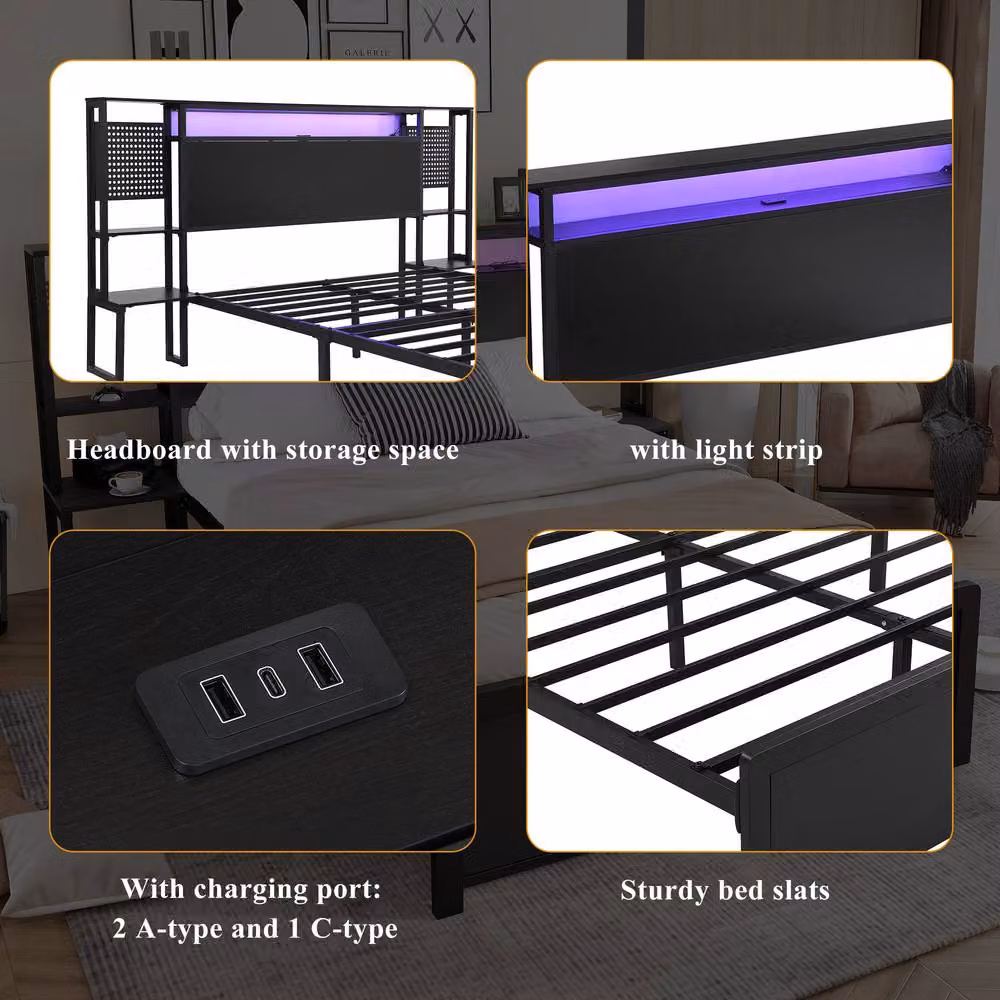 BTM Modern Metal Bed in Black with LED Under-Bed Lighting, USB Charging Ports and Side Compartments, W/D/H: 140 x 190 x 111.5 cm – 3