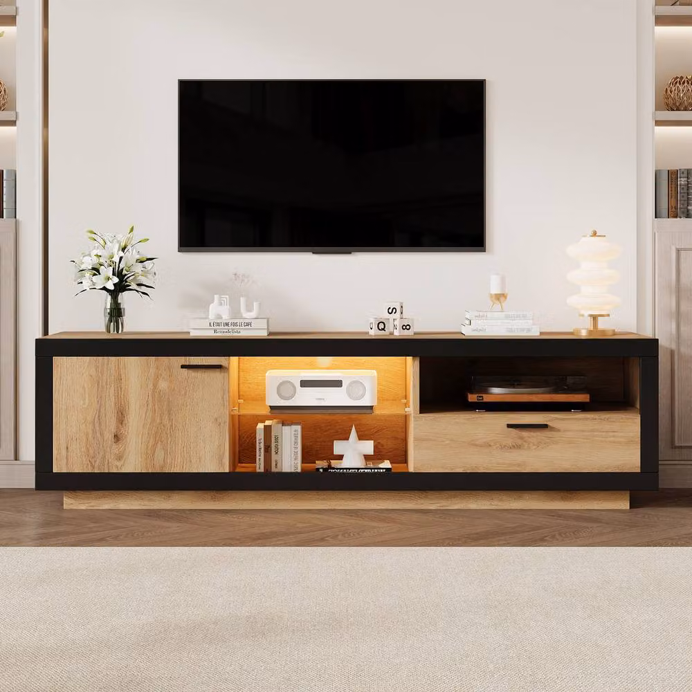 Rolipo Modern Wood and Black LED TV Stand Cabinet in Brown for 70 Inch TVs, Width: 160 cm – 6