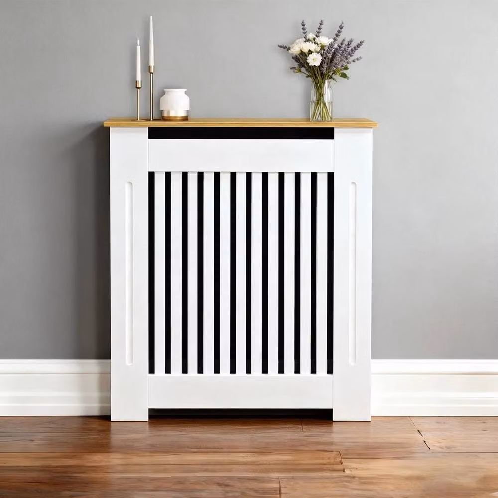 FORGEVIO Small Vertical Radiator Cover in White with Wood Texture Top, W/D/H: 78 x 20 x 92.5 cm – 2