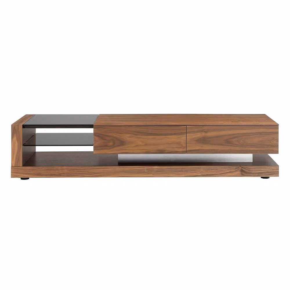 Angel Cerda Walnut TV Cabinet in Brown with Black Tinted Glass Top, W: 200 cm, D: 38 cm, H: 38 cm – 2