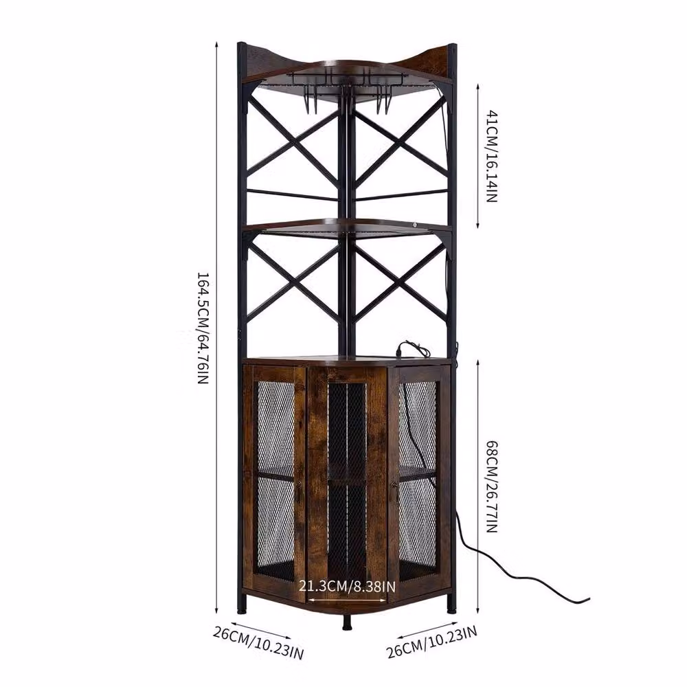 EONLION Brown 5-Tier Industrial Corner Wine Cabinet with Integrated Lighting and Glass Shelving, H 164.5 x W 100 x D 40 cm – 2