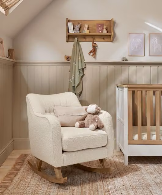 Mamas & Papas White Bouclé Knit Nursing Chair with Oak Upholstered Frame