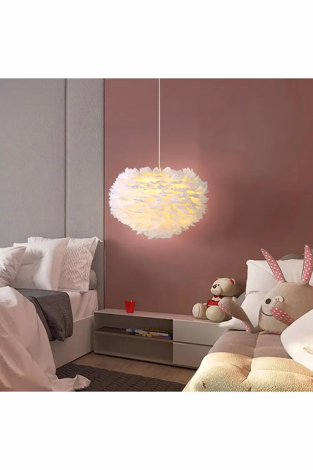 Living and Home Chic 3-Light Feather Pendant Chandelier in White, W/D/H: 50 x 50 x 120 cm – 5