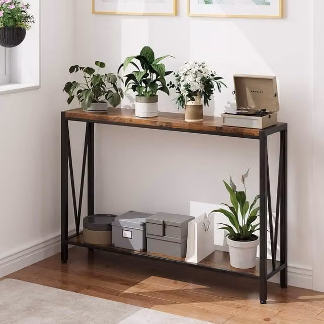London Boutique Industrial 2-Tier Narrow Console Table in Brown, W: 25.0 cm, D: 25.0 cm, H: 76.5 cm