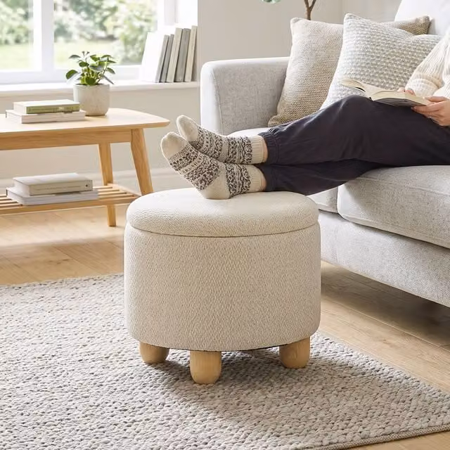 HOMCOM Round Storage Ottoman with Reversible Lid in Beige Fabric