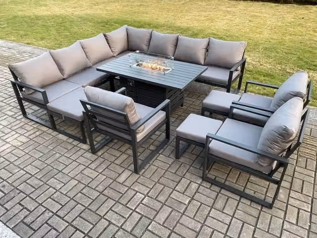 Fimous Aluminium Lounge Corner Sofa Garden Furniture Set with Gas Fire Pit Dining Table, 3 Chairs and 3 Footstools in Dark Grey