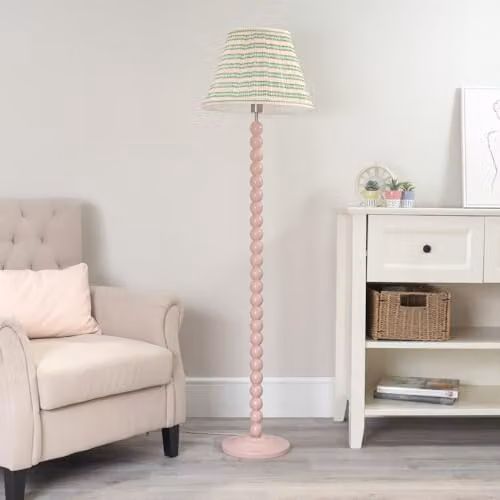 ValueLights Rose Pink Bobbin Stem Floor Lamp with Pale Pink Fabric Pleated Shade – 2