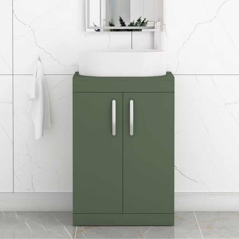 Royal Bathrooms Turin 500mm Floor Standing 2 Door Vanity Unit in Matte Green with Peak Countertop Basin and Matt Black Handles