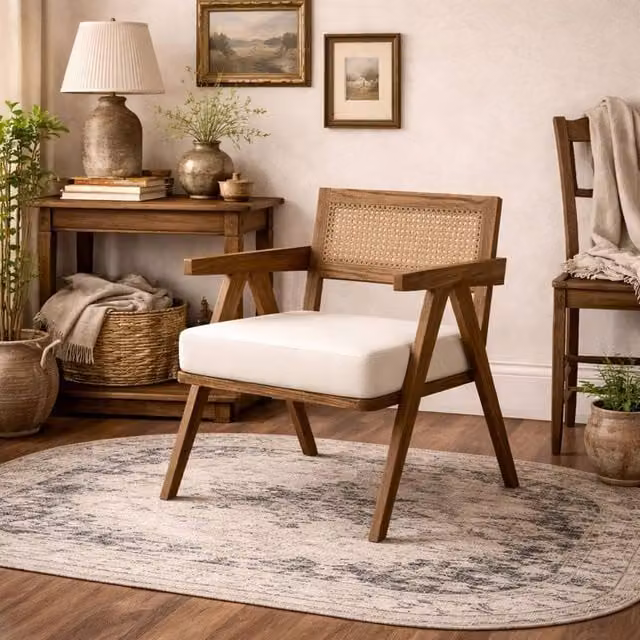 Wyld Haus Martone Beige Woven Accent Armchair with Solid Wood Frame