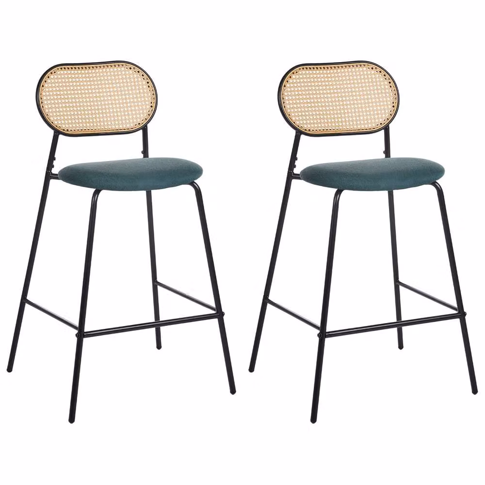 Wyld and Coco Viennese Bar Chairs Set of 2 with Black Metal Frame and Rattan Backrest – 2