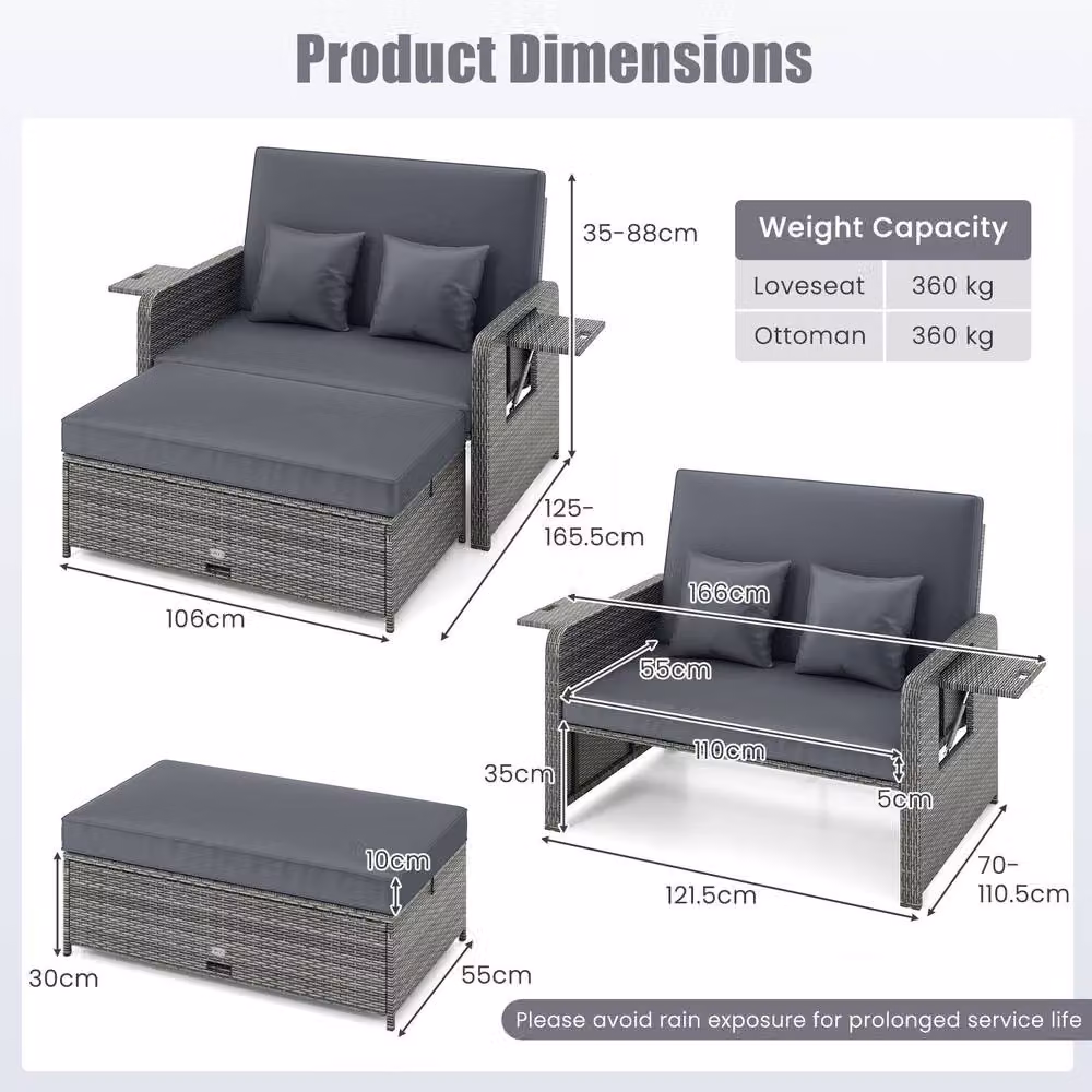 Costway 2-Piece Grey PE Wicker Daybed and Patio Rattan Furniture Set with Adjustable Backrest – 2
