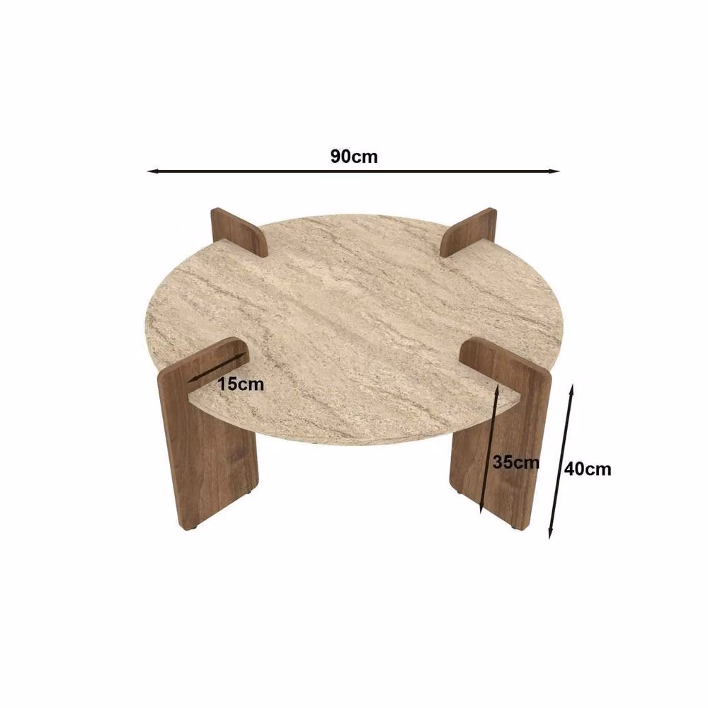 CALICOSY Round Coffee Table in Travertine and Walnut Finish, Beige, Diameter: 90 cm, Height: 35 cm – 3