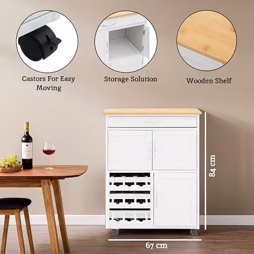 Orsina White and Bamboo Top Kitchen Trolley with Double Doors, W/D/H: 84 x 67 x 37 cm – 2