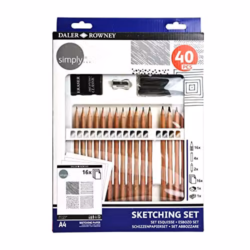 Daler-Rowney Simply Sketching Pencils Technique Set with Graphite Pencils and Accessories, 40 Pieces, Multicolour – 1