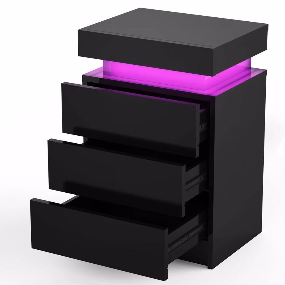 FORGEVIO High Gloss Bedside Table with RGB LED Lighting and 3 Drawers in Black – 2