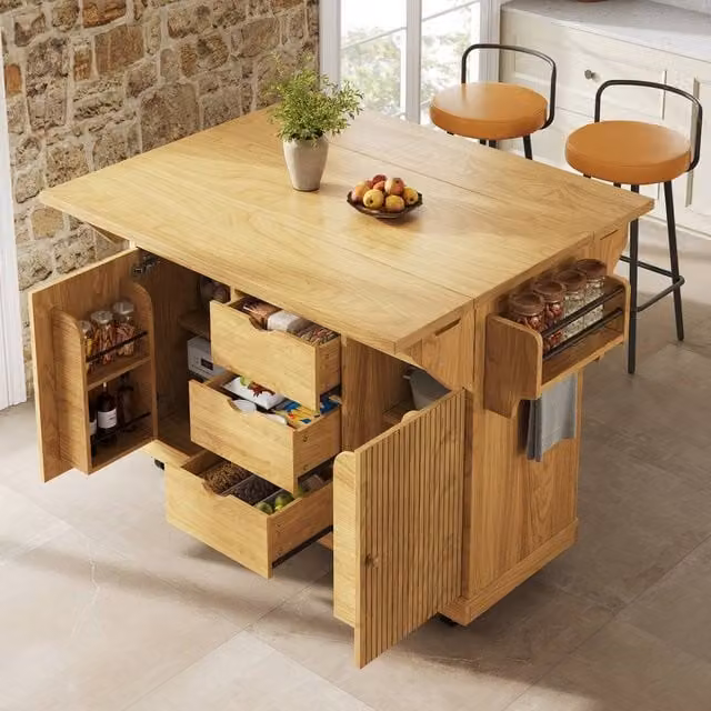 Merax Fluted Drop Leaf Kitchen Island Mobile Storage Trolley Cabinet in Brown, W/D/H: 142.5 x 40.0 x 95.0 cm – 1