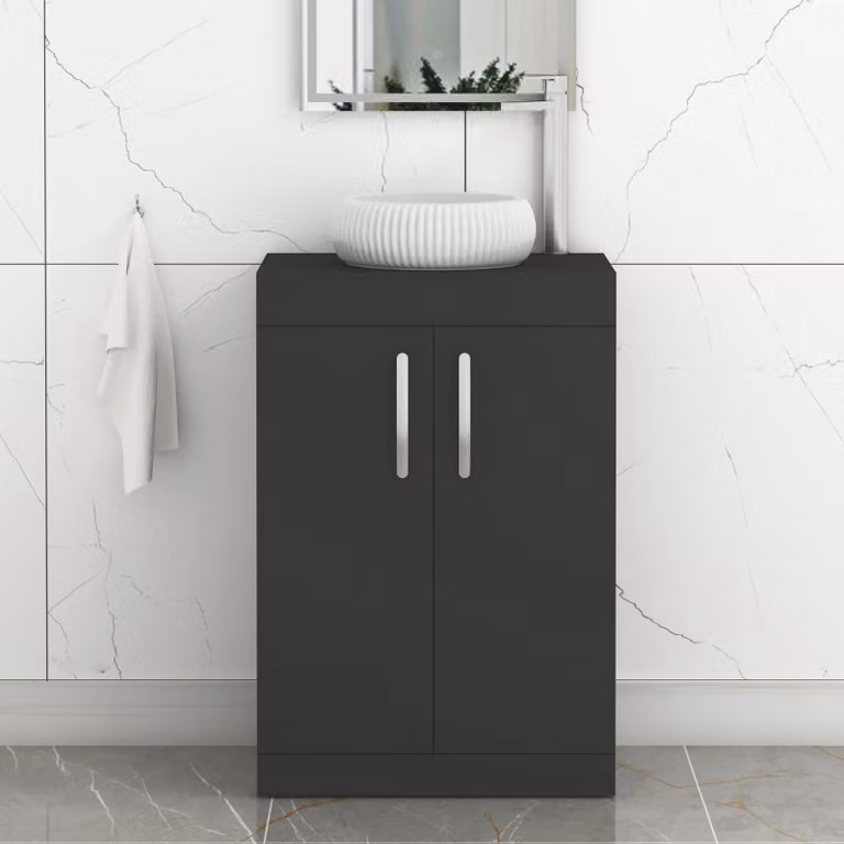Royal Bathrooms Turin 600mm Floor Standing 2 Door Vanity Unit in Matte Black with Milan Countertop Basin and Matt Black Handles