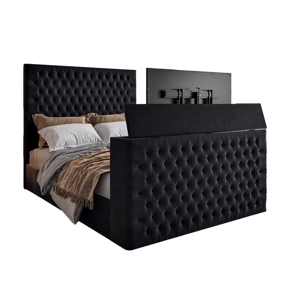 KDMD Angram Upholstered Soft Velvet TV Bed Frame in Black, Double, W/D/H: 140 x 200 cm – 2