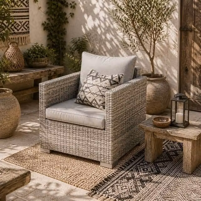 Wyld Haus Karettano Grey Polyrattan Outdoor Armchair with Cushions and Armrests – 1