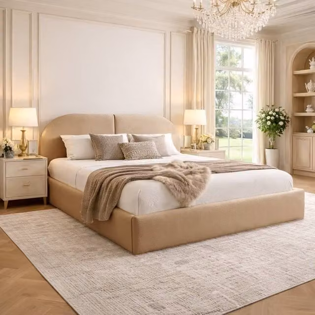 Desire Deco Dolores Upholstered Plush Velvet Bed Frame in Beige, W/D/H: 140 x 200 cm – 1