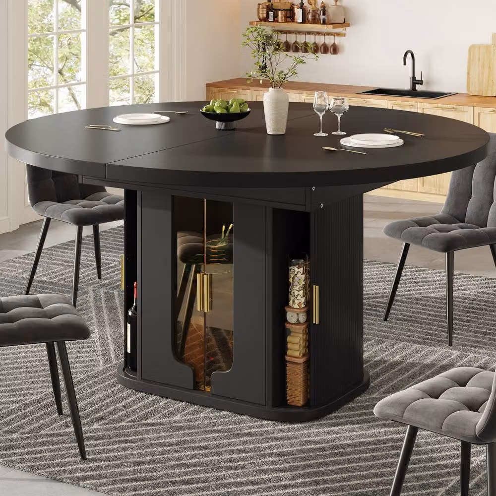 Merax Extendable Round Dining Table in Black with Glass and MDF Laminate – 3