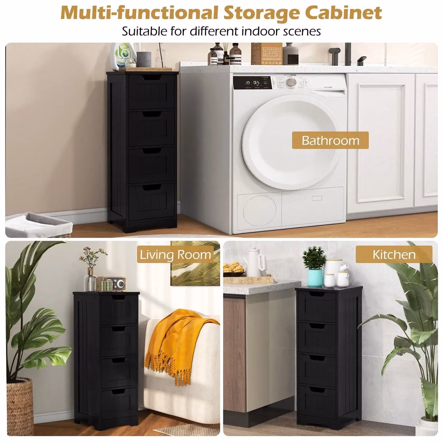 Gymax Black Freestanding Bathroom Storage Cabinet with Doors and Drawers – 7