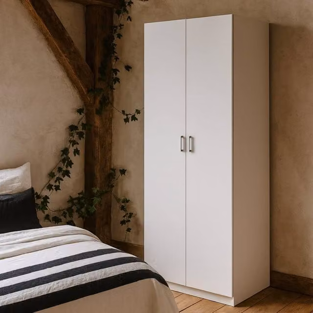 Wyld Haus Munich 2 Door White Wooden Wardrobe with Internal Shelves and Hanging Rod, H 175.4 x W 77.6 x D 49.4 cm – 1