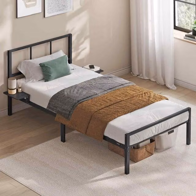 The Bazaarist Single Metal Bed Frame with Headboard and Bedside Shelves in Matte Black, 90 x 190 cm