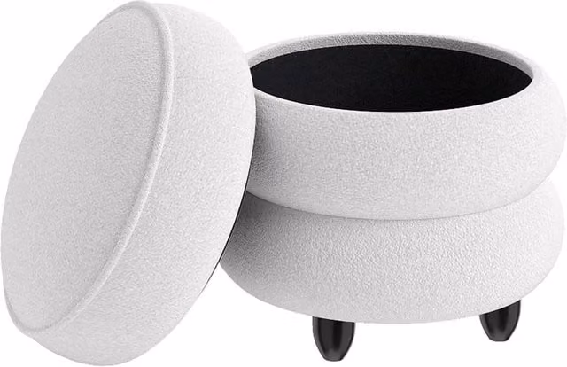 Costway Modern Round Chenille Storage Ottoman and Footstool with Removable Lid in White