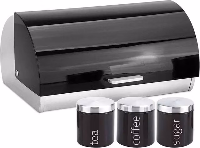 Nordara 4 Piece Black Kitchen Tea Coffee Sugar and Bread Bin Set
