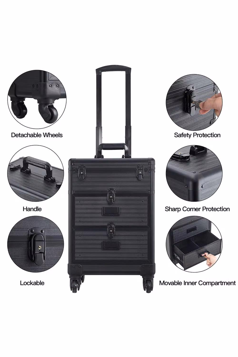 SHEONLY Professional 3-in-1 Rolling Cosmetic Case and Makeup Trolley Storage Organiser, Black – 2