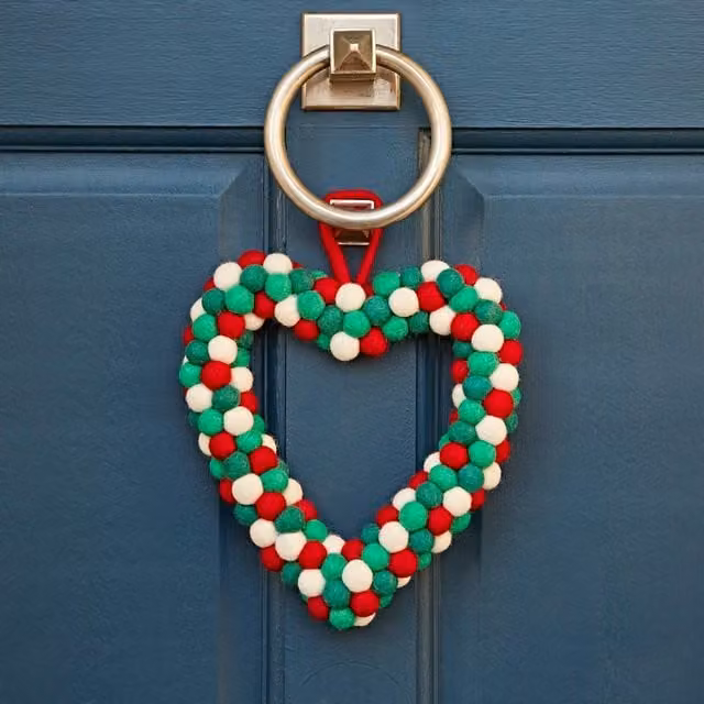 Paper High Multicolour Heart Wreath with Dotted Textile and Paper Hearts for Christmas Hanging Decoration