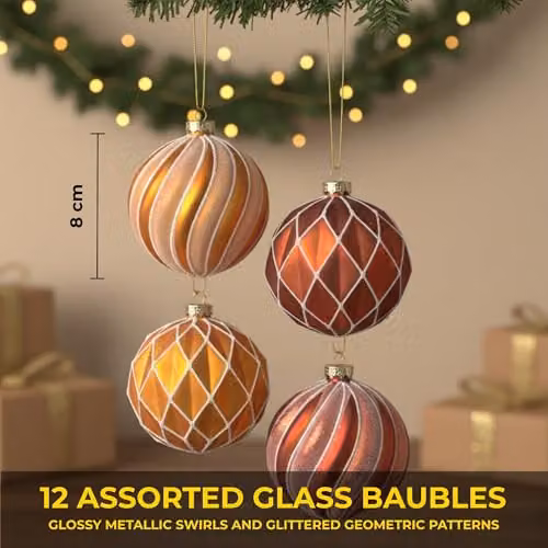 Shatchi Set of 12 Geometric Glass Baubles in Bronze, Gold and Red, Diameter: 8 cm – 5