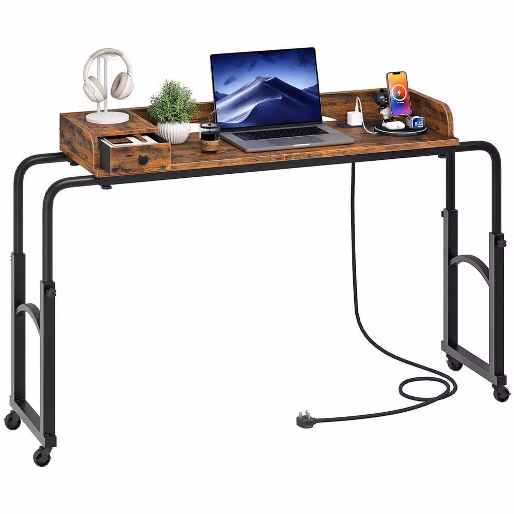 FORGEVIO Height Adjustable Overbed Table with Charging Station in Brown – 3