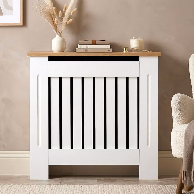 DHS White Small Radiator Cover with Oak Top and Vertical Slatted MDF Design