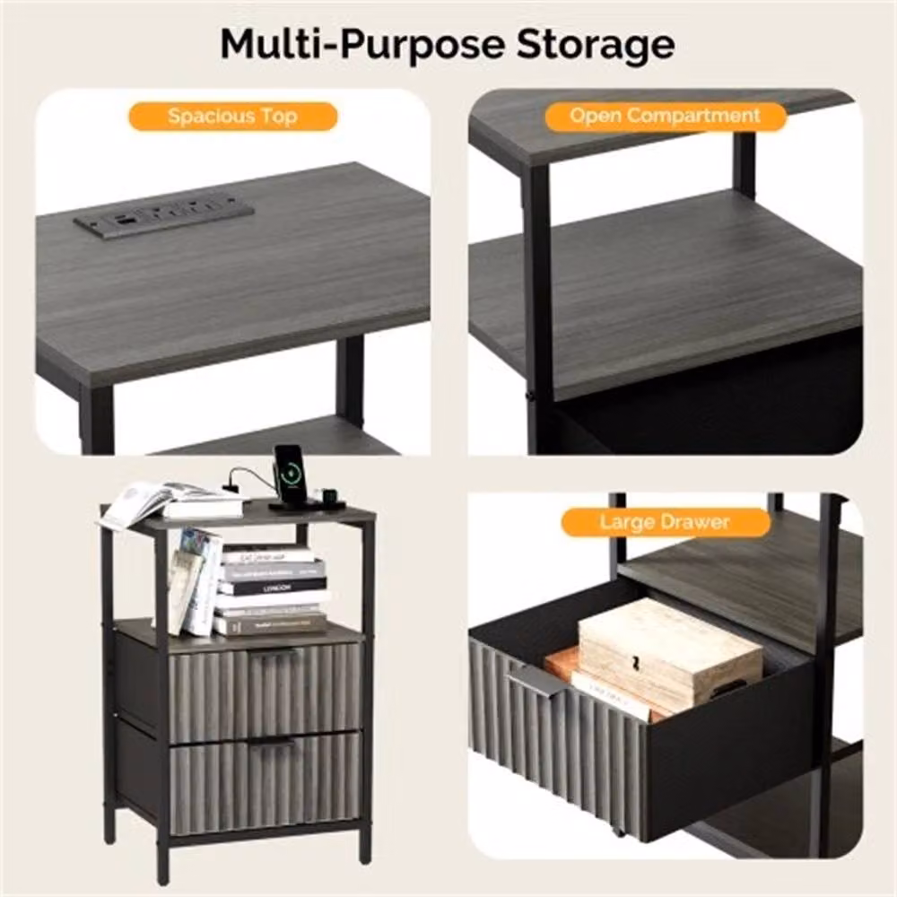 NESTLUNE Grey Bedside Table with 2 Drawers and Charging Station, W: 100 cm, D: 15 cm – 3
