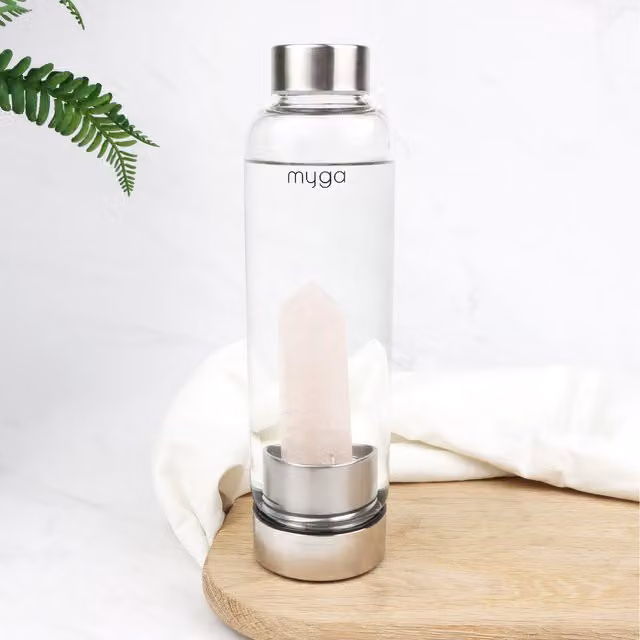 Myga Rose Quartz Crystal Glass Water Bottle in Pink