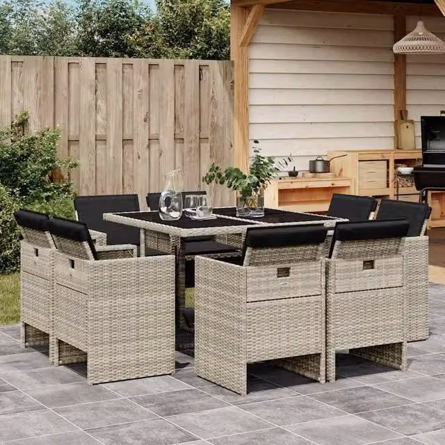 Berkfield Home 9 Piece Grey Poly Rattan Garden Dining Set with Cushions and Glass Tabletop