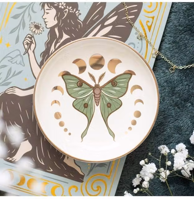 KDMD Round Ceramic and Metal Moonphase Moth Trinket Dish in White and Green