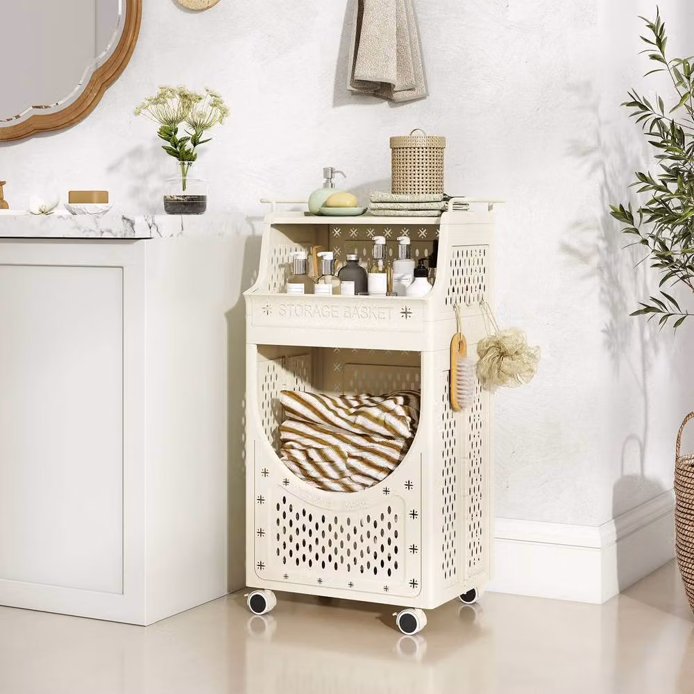 Gymax 3-Tier Folding Laundry Hamper Rolling Utility Cart in Beige – 3