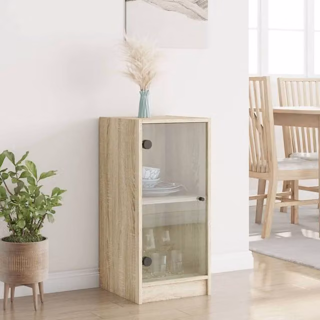 Berkfield Home Side Cabinet with Glass Doors in Sonoma Oak, Light Brown, W/D/H: 35 x 37 x 75.5 cm
