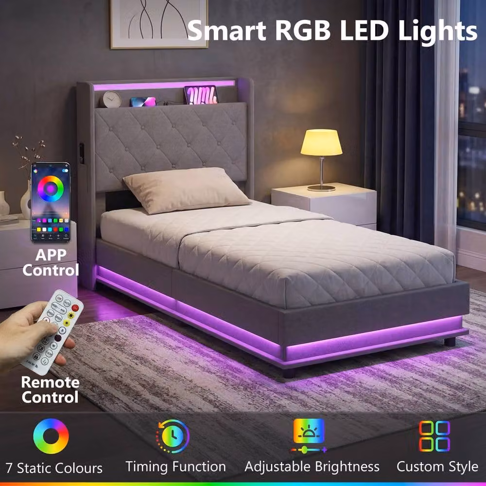 HOMCOM Single Lift Up Storage Bed Frame with RGB LED Lights and USB Charging Port, Dark Grey – 4