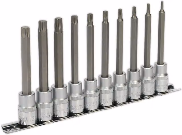 Loops 10pc TRX Star Socket Bit Set, 3/8 inch Square Drive, T10 to T50, 100mm Shaft Length, Chrome Vanadium Steel, Silver