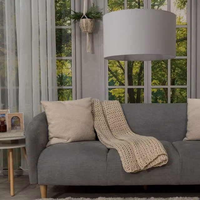 ValueLights Reni Large Drum Fabric Pendant Light Shade in Grey, W: 45 cm, H: 25 cm