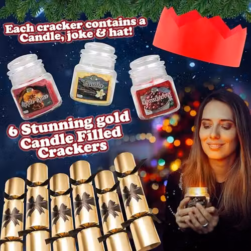 KreativeKraft Luxury Christmas Crackers, Pack of 6 Gold Glass and Multicolour Festive Party Crackers with Mini Scented Candles – 3