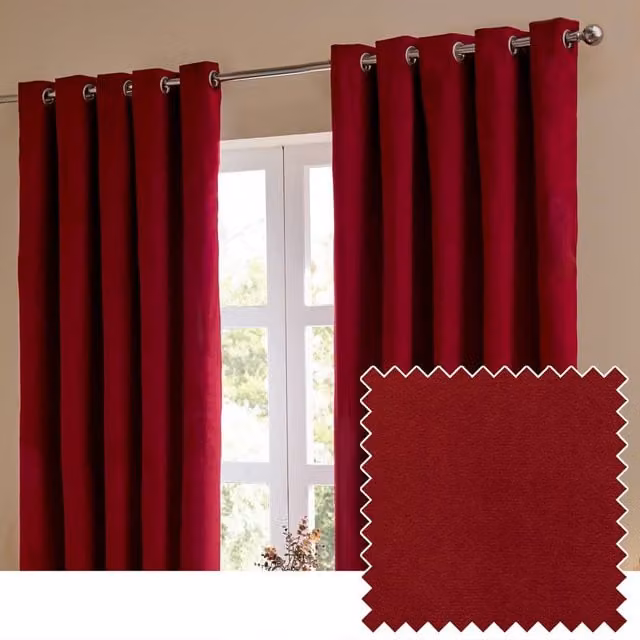 Furn Velvet Room Darkening Eyelet Curtain Pair in Red, Width: 168 cm, Drop: 183 cm