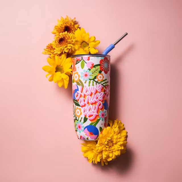 S'well Steffi Lynn Floral Insulated Stainless Steel Tumbler with Lid and Straw, 700ml, Multi-colour
