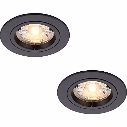 Loops 2 Pack Matt Black Aluminium Recessed Fixed Ceiling Downlight, Dimmable, Fits 70mm Hole, GU10
