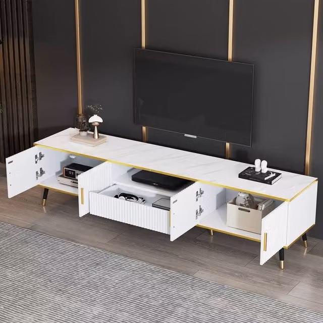 Merax Modern White and Gold Media Console TV Stand with Marble Effect Top and Soft Close Drawers, W: 200 cm, D: 40 cm, H: 46 cm – 1