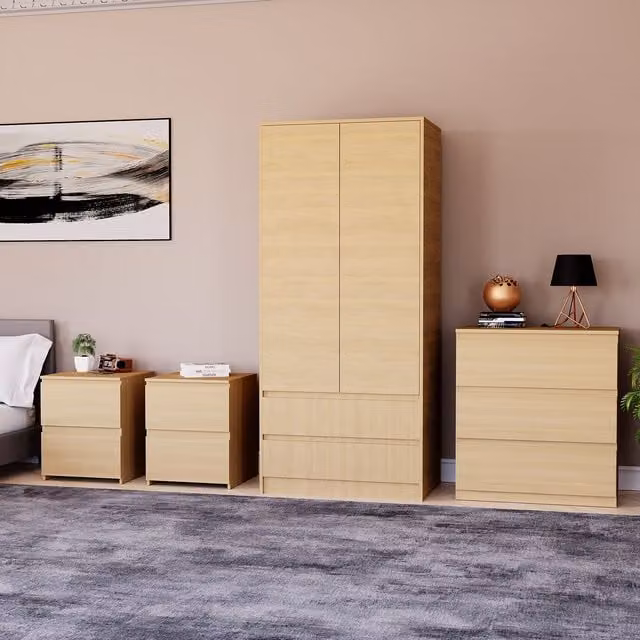Vida Designs Denver 4 Piece Brown Bedroom Set Including 2 Bedside Tables, 3 Drawer Chest and Wardrobe